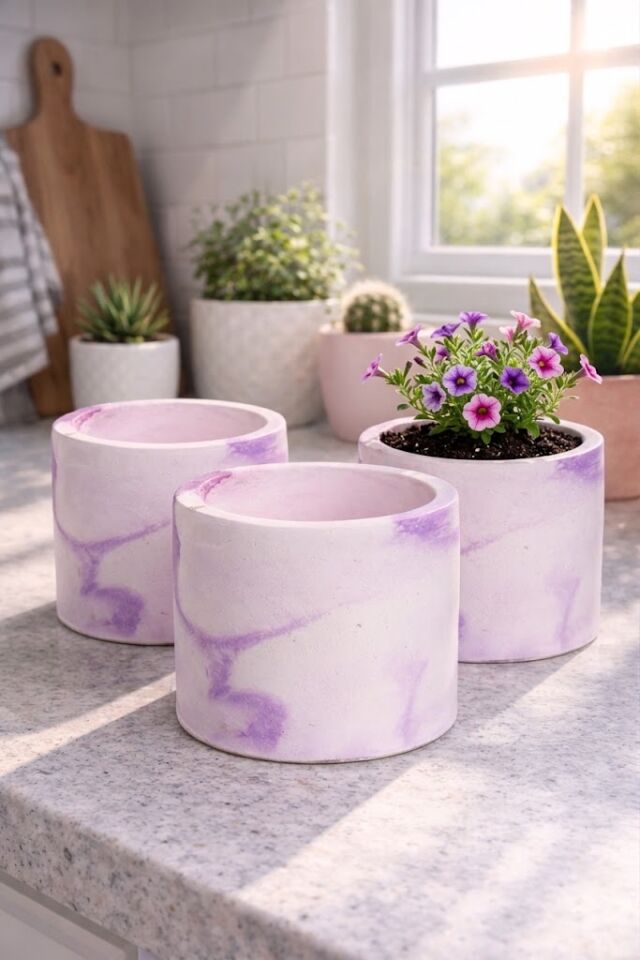 Mor Desenli Beton Saksı Takımı