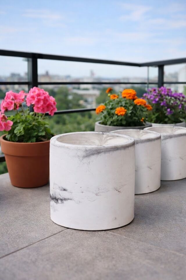 Mermer Desenli Beton Saksı Takımı